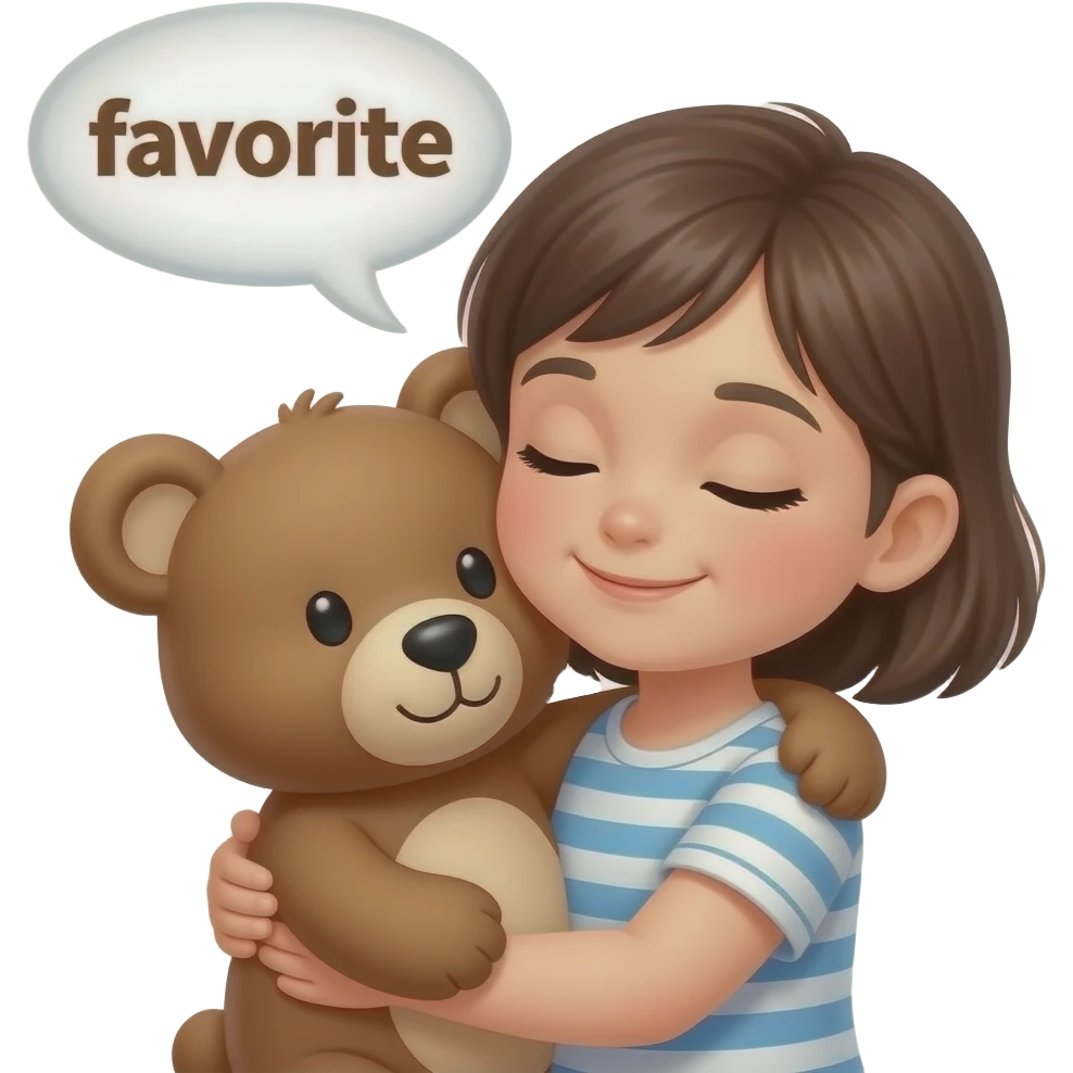 a KID hugging a teddy bear and there is a conversation bubble above her with the word "favorite" emoji