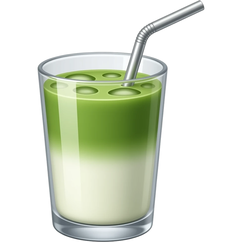 iced matcha latte in a glass cup with a metal straw, milk on the bottom and matcha on the top emoji