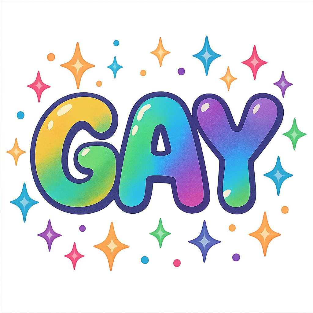 the word GAY in a playful bubble font with rainbow sparkles emoji