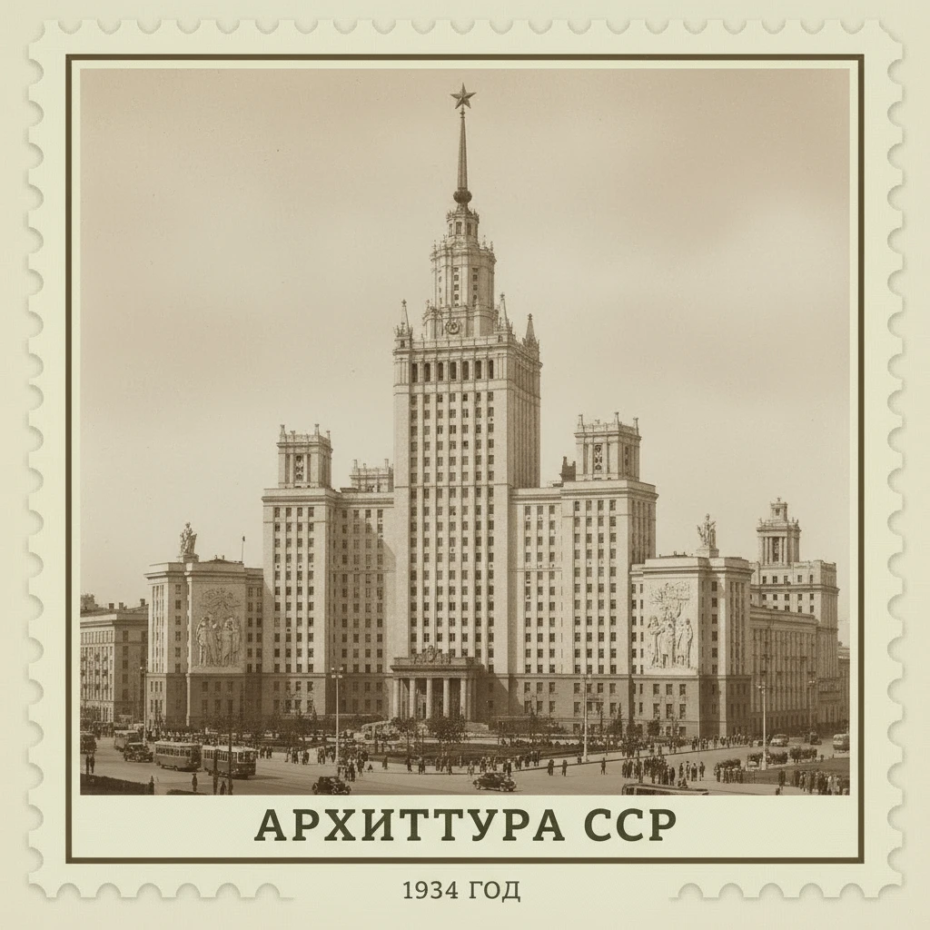 Серия небоскребов в стиле сталинский ампир, СССР 1934 год

Стилизуй изображение под марку как на фото emoji