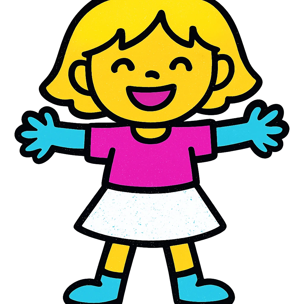 chica con pelo corto, falda blanca y top rosa, estilo ilustración colorida emoji