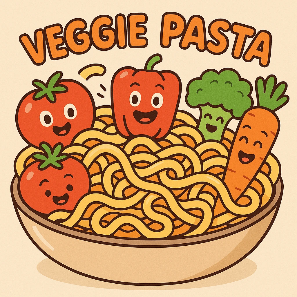 veggie pasta with bright colors, cartoon style, smiling vegetables, fun and playful emoji