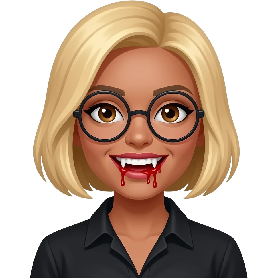 women blond short hair, dark tan skin, round glasses, brown eyes, black shirt,  dracula teeth with blood on the fangs emoji