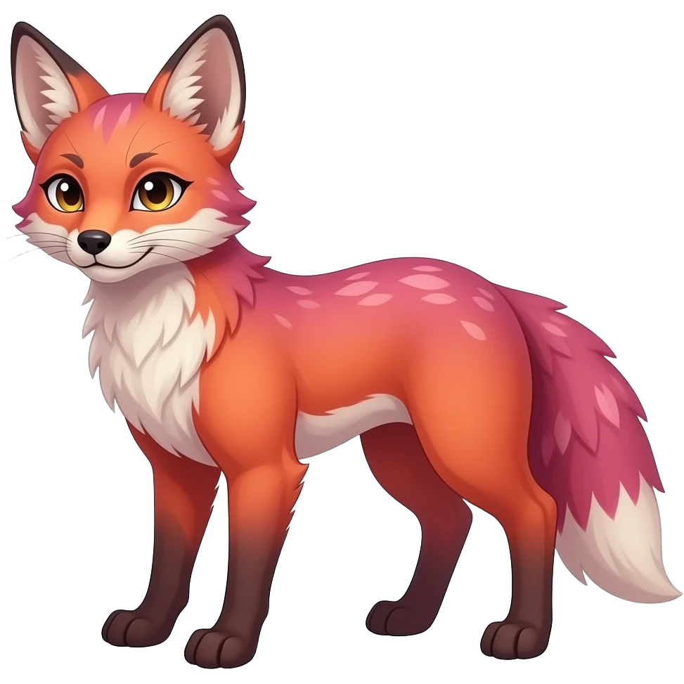 Feral Rare Fantasy dark pastel gradient-pink-red-orange Vernid-Sergal-Genet-species by LiLaiRa, random markings, tufted ears, full body, 4 legs emoji