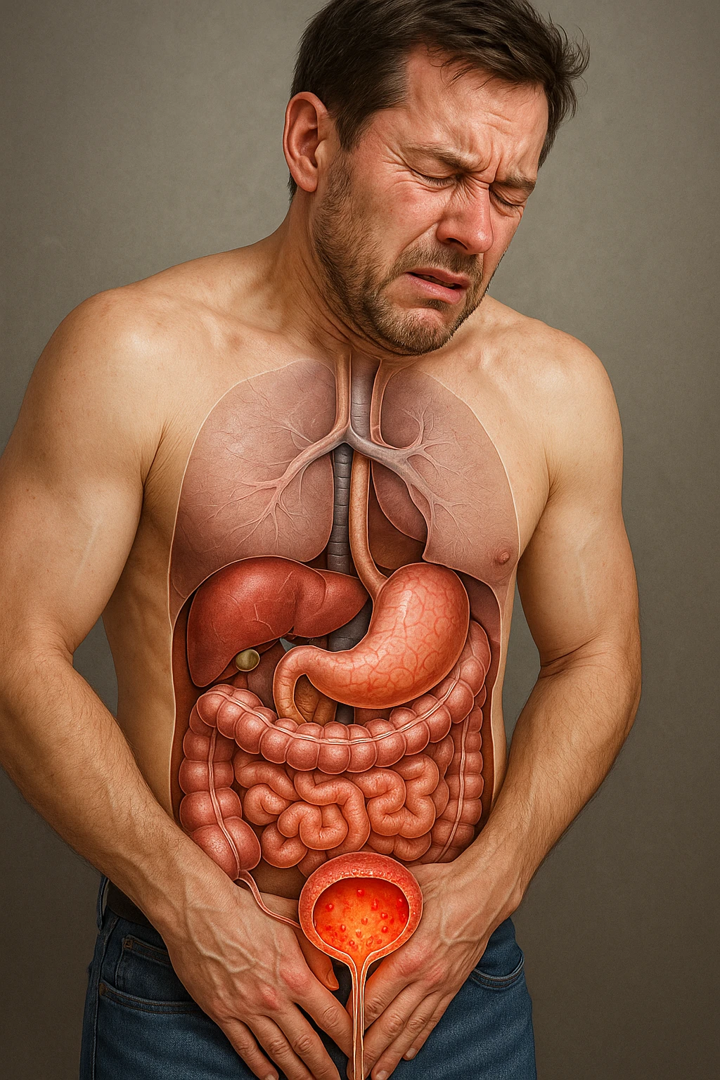 Vertical, hyper-realistic 3D cutaway illustration: uomo con difficoltà con cistite e problemi  emoji