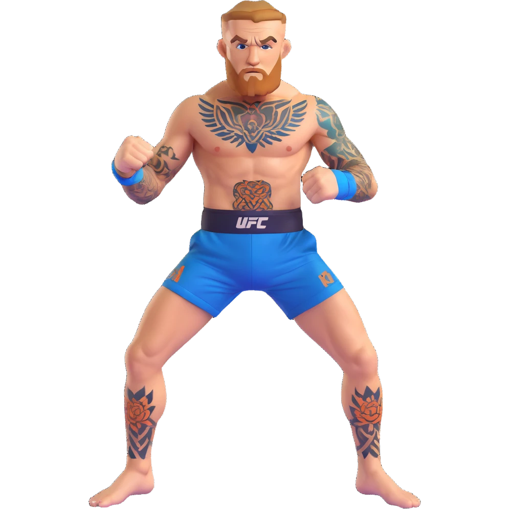 Conor McGregor in fighting stance with blue UFC shorts and detailed tattoos emoji