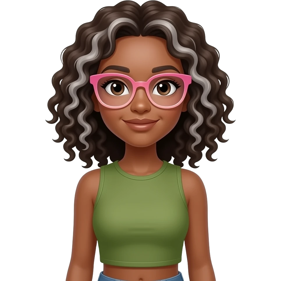 Chica con tono de piel canela de cabello rizado a los hombros con varias canas con top verde olivo escotado sin mangas y con lentes graduales rosas para usar como emoji de WhatsApp emoji