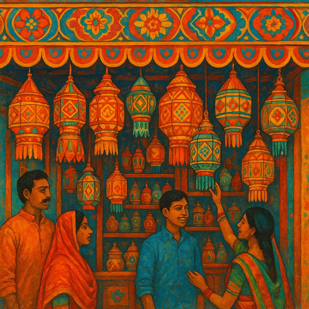 an Indian shop with hanging lanterns, patterned awning, lively, no text emoji
