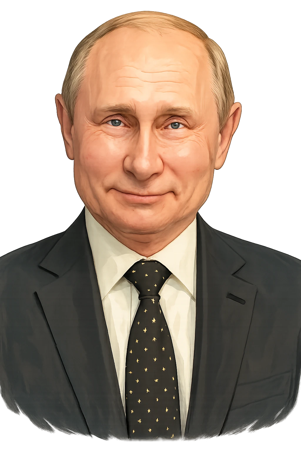 Владимир Путин в слегка рисованном, но при это объемный стиле, слегка улыбается, прозрачный фон emoji