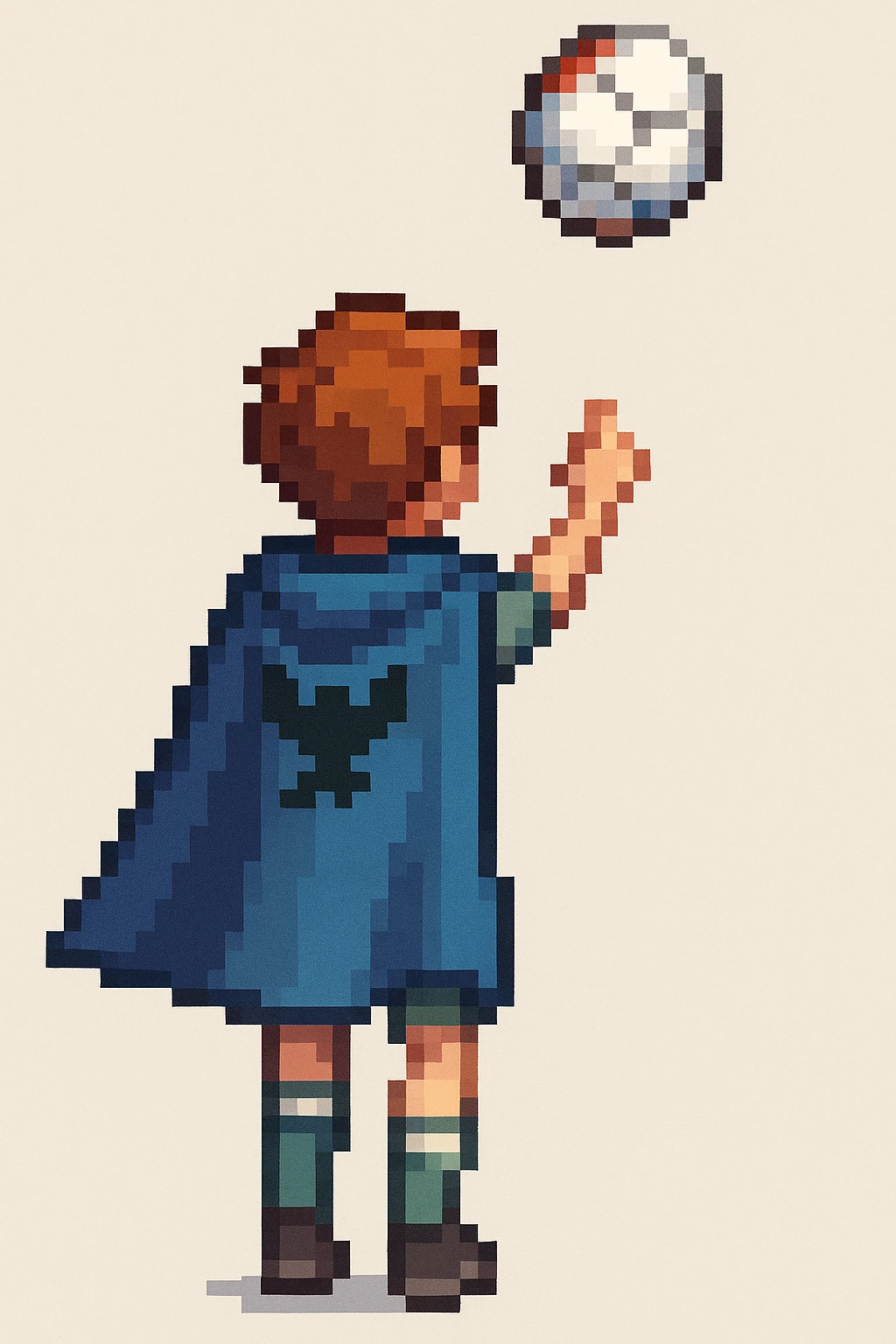 A boy passing a ball, pixel art style, with blue cape emoji