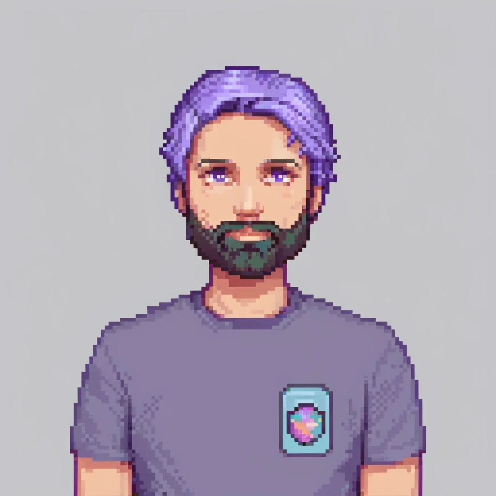 A hero emoji inspired by Moscow, featuring a character with a beard and short hair, wearing a gray t-shirt, with a purple and blue gradient background emoji