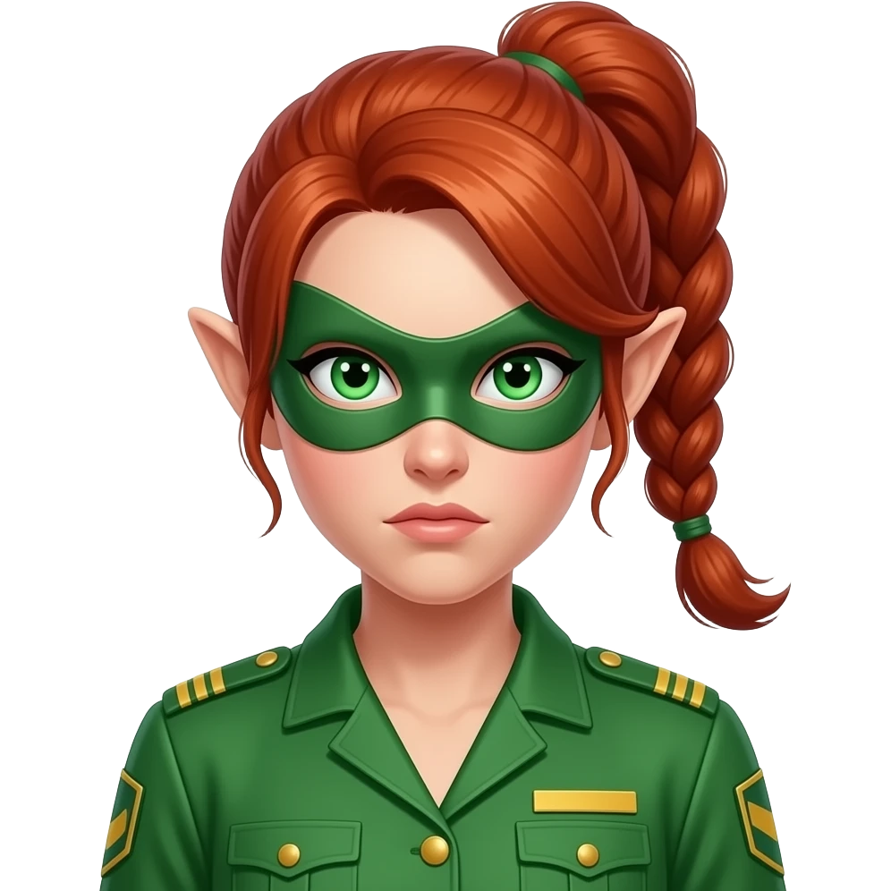 femme rousse aux yeux verts, longue tresse haute, ressemble à une elfe, archère, voleuse avec un masque qui cache ses yeux, tenue verte unie, air déterminé emoji