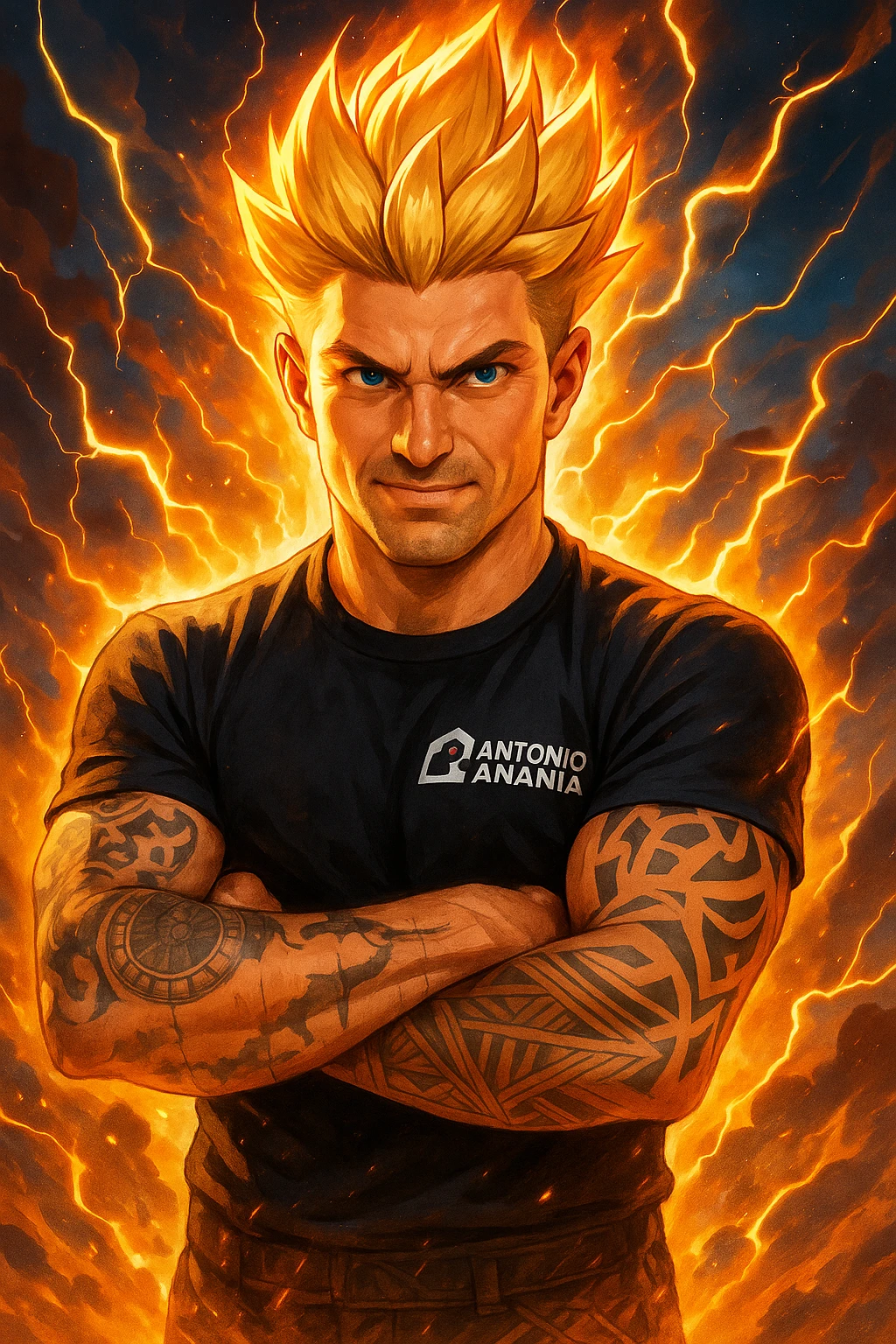 a muscular man with spiky hair stands in a powerful pose, surrounded by a glowing, fiery aura reminiscent of Goku’s Super Saiyan transformation. His eyes are intense and determined, and his body radiates energy and confidence. Lightning bolts and energy waves crackle around him, symbolizing a surge of testosterone and vitality. The background is dramatic, with swirling clouds and vibrant colors. emoji