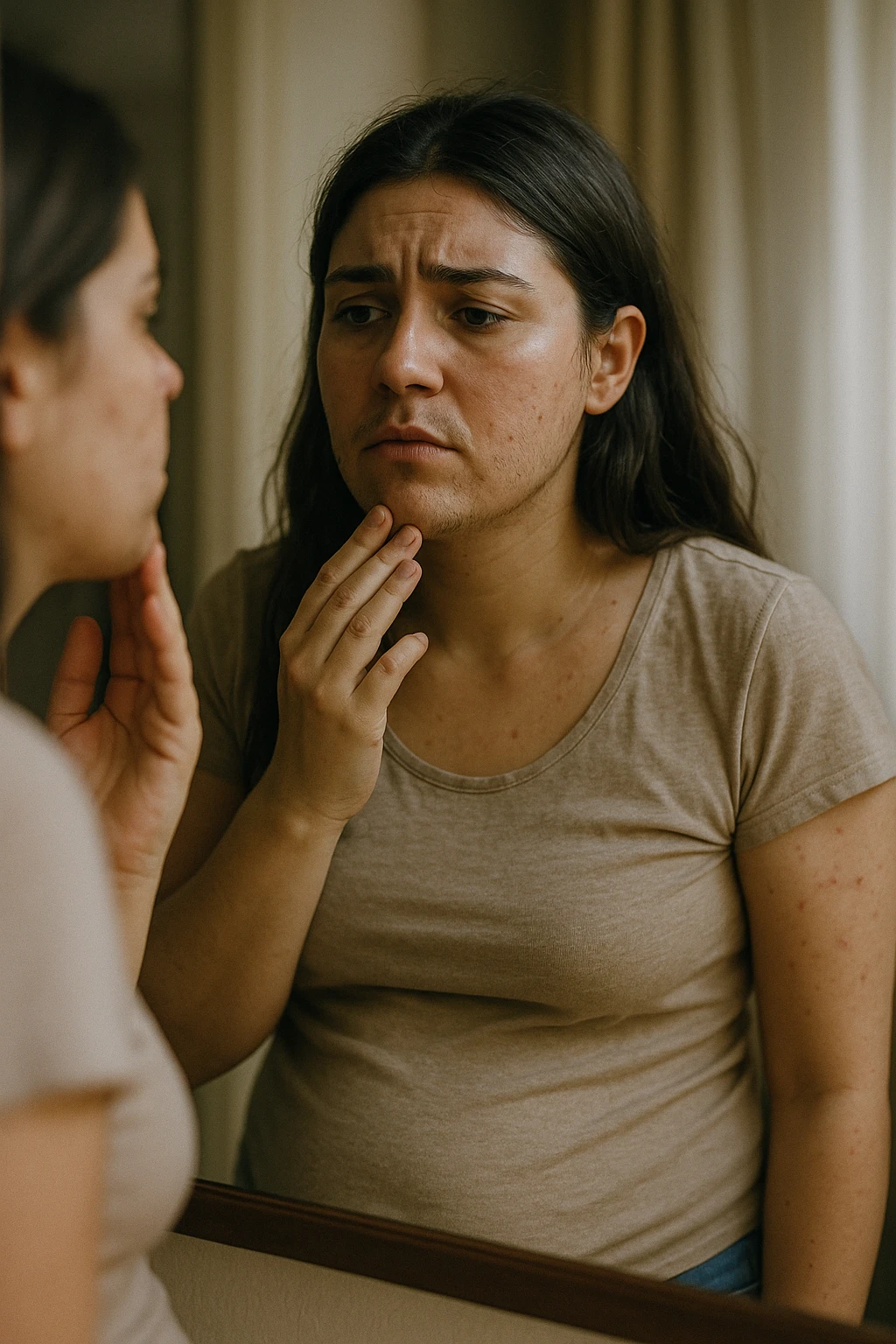 A realistic, cinematic portrait of a young woman in her late 20s standing in front of a mirror, visibly concerned while touching her chin and jawline where small dark facial hairs are noticeable, indicating hirsutism. Her skin appears oily, with a few cystic acne spots on her cheeks and jaw, and her dark hair is slightly greasy, indicating increased sebum production due to androgen excess. Her body shows mild abdominal bloating, and she looks at herself with a mix of frustration and sadness, capturing the emotional struggle linked to PCOS. The scene is set in a softly lit bedroom or bathroom with neutral daylight, with a clear mirror reflection to emphasize self-observation and discomfort. Style: realistic 35mm cinematic look, soft focus on her face and hair details, warm tones to keep it human and relatable emoji