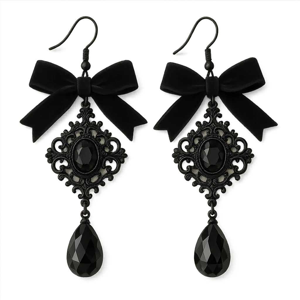 goth earrings with black velvet ribbon, victorian gothic style, elegant and soft emoji