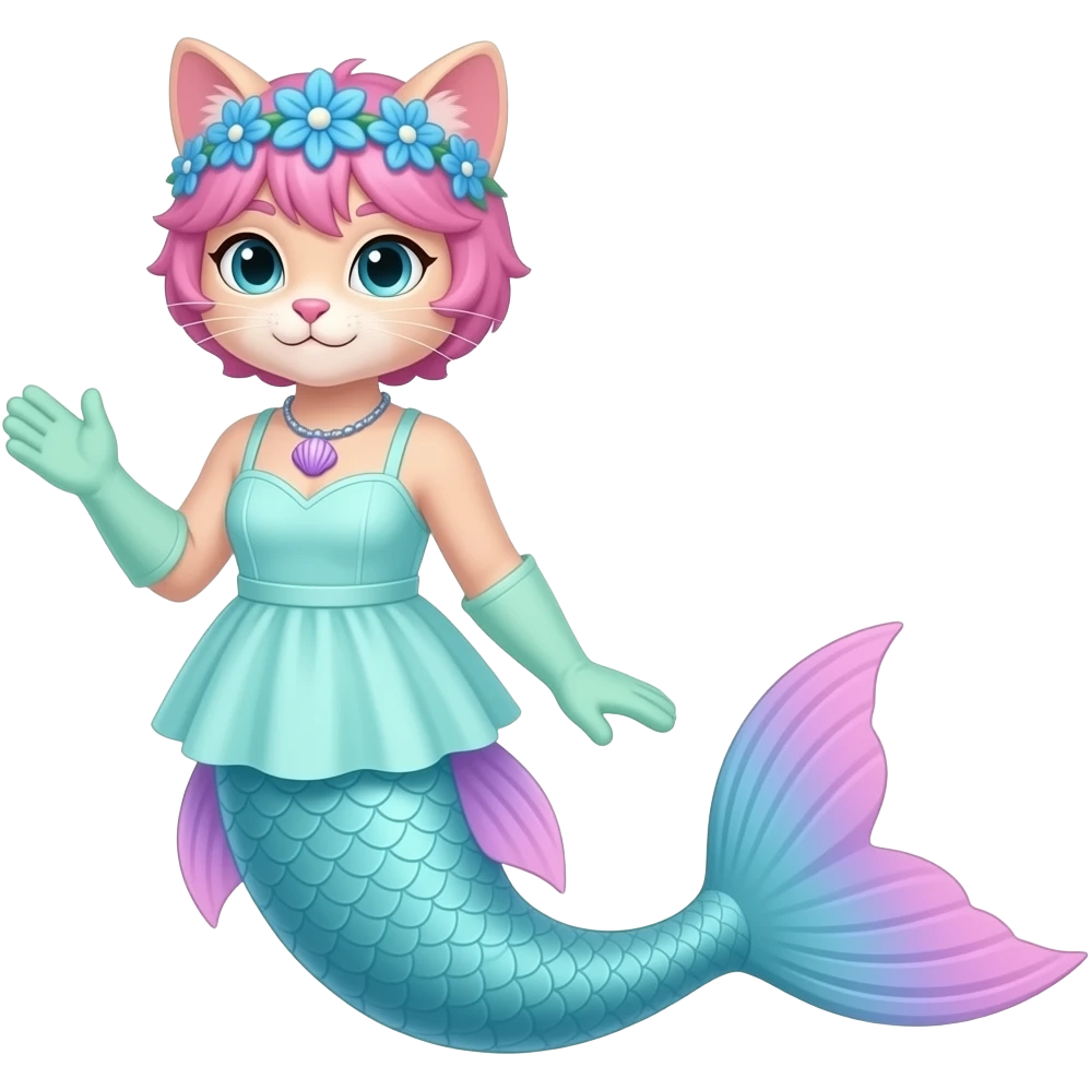 Male  light pink anthro cat  with pink hair blue flower crown with light purple shell necklace light cyan dress attached to long light cyan mermaid tail with pink fins light green gloves emoji