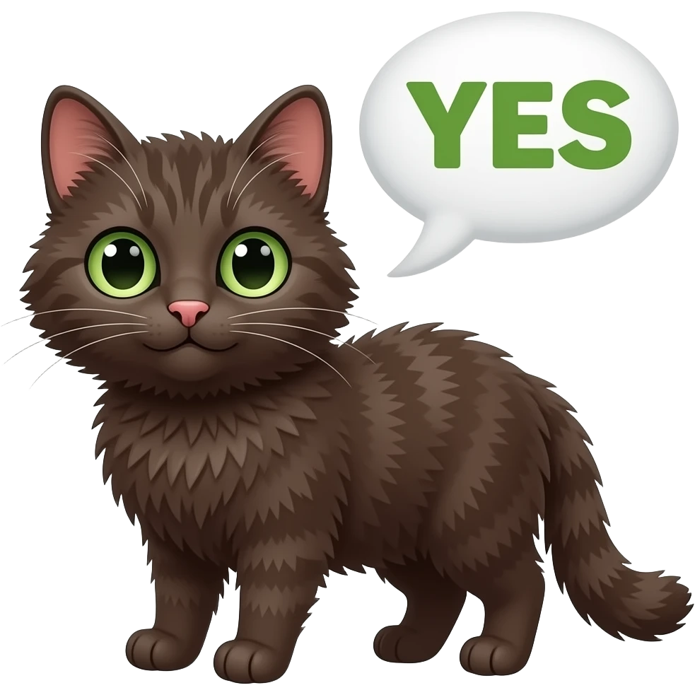 Cute neutrally happy content dark brown scrunkly cat with green eyes saying “YES” in green letters with a speech bubble emoji
