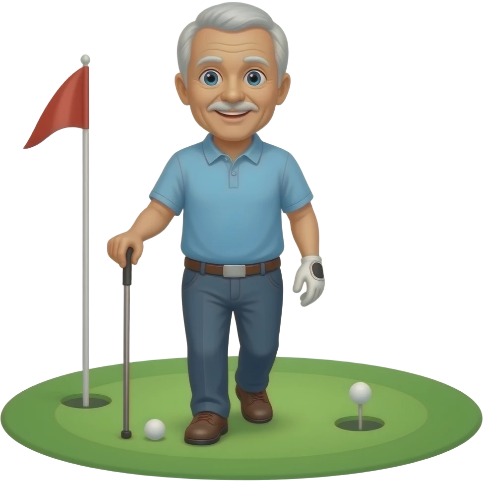 Old man walking the golf course with a cane and golf club emoji