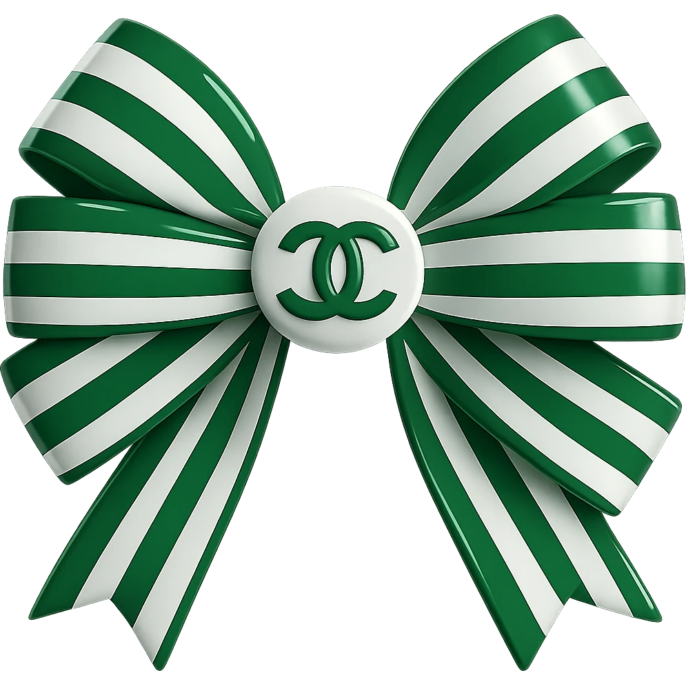 Change the striped bow to green and white stripes, keep the small white Chanel logo visible, make it glossy, elegant, and in a 3D emoji style. Remove the background. emoji