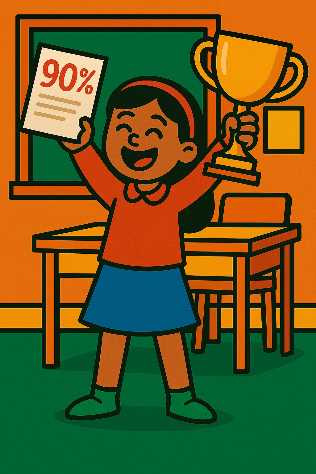 Change the student to a female student, keep the trophy and celebration for scoring 90%, vibrant colors, classroom background. emoji