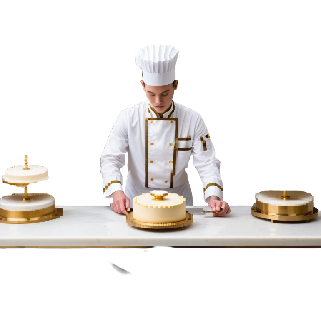 An elegant master baker in a pristine patisserie. He works atop a polished marble counter with porcelain molds and gold-trimmed tools. The interface mimics porcelain scrollwork, with soft pastel colors and delicate ceramic textures. emoji