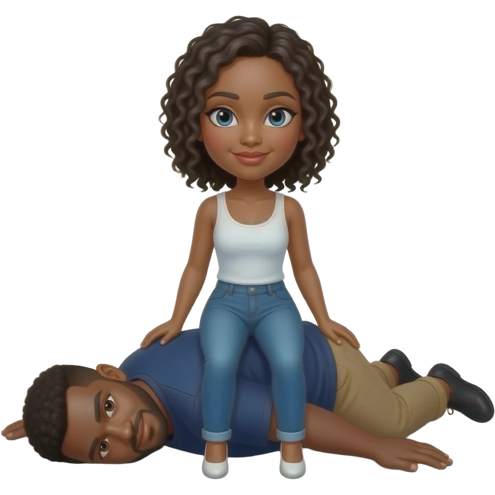 A black woman sitting on top a black guy laying down face emoji