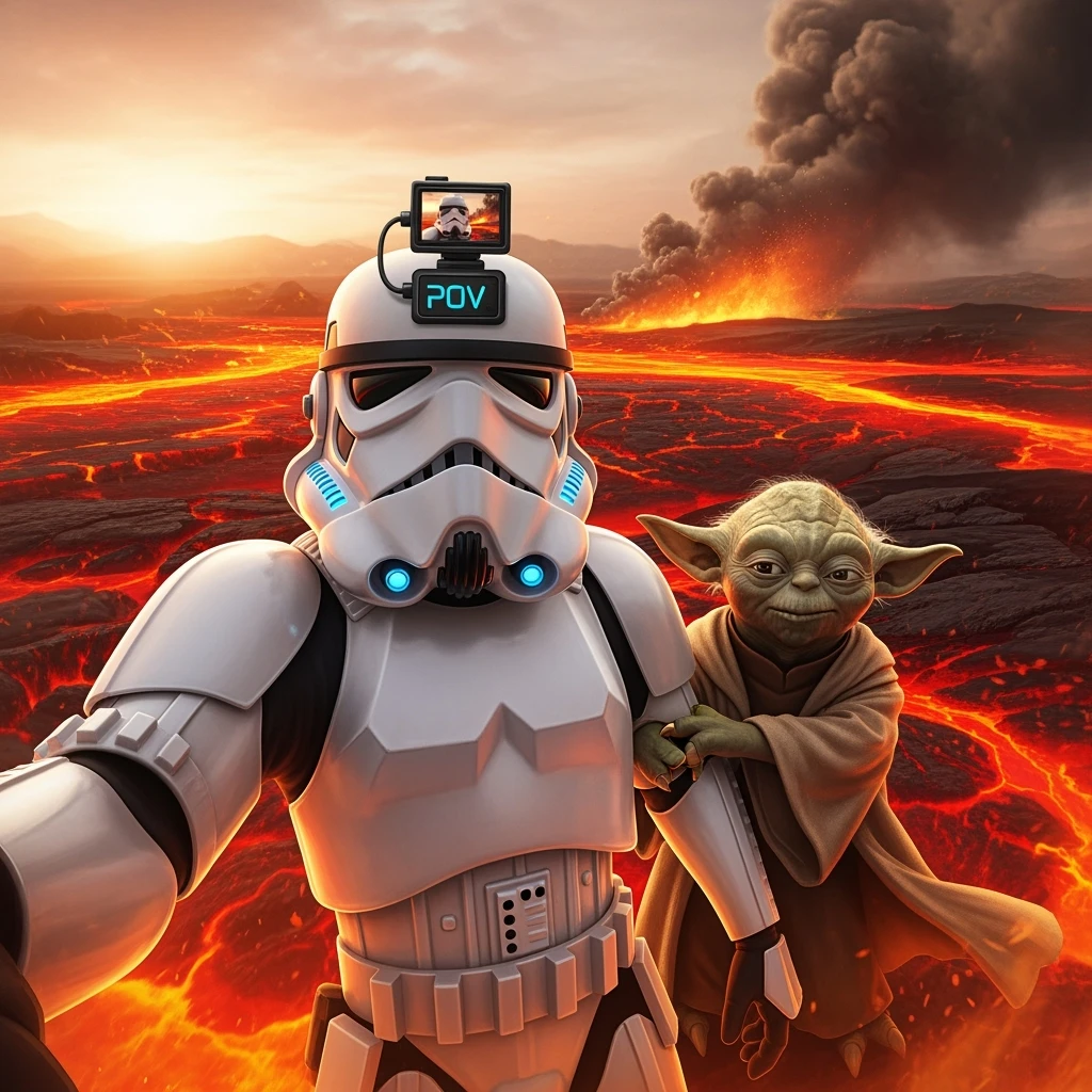 make digital poster art of Camera POV, Starwars stormtroopers vlogging selfie, he is walking on lava planet with yoda
 emoji