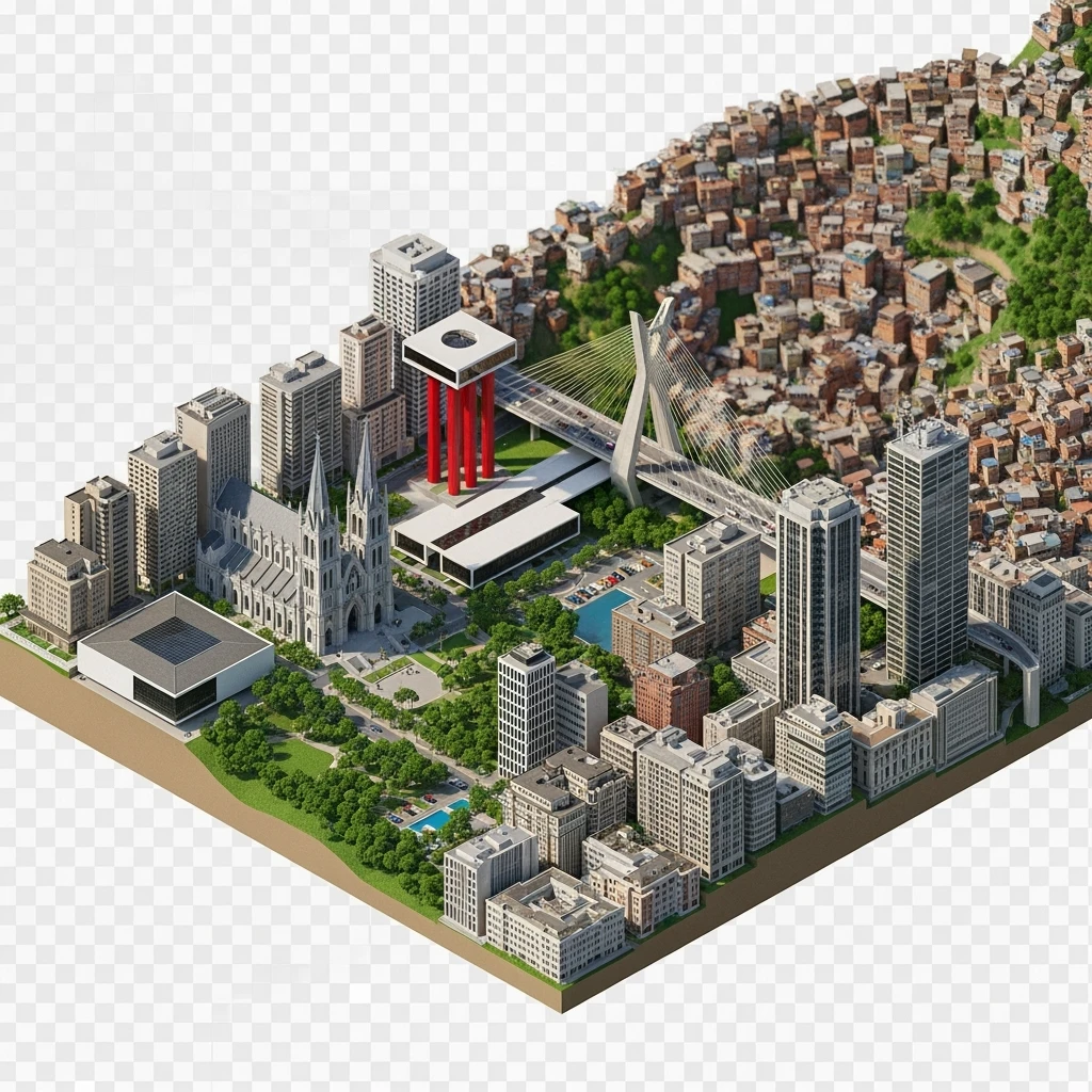 Isometric miniature of São Paulo Catedral da Sé, MASP on red pillars, Octávio Frias Bridge, and Altino Arantes building, favelas on hillsides, dense chaotic urban blocks, and green parks 3D miniature effect and Tilt Shift effect, no cartoonish look, transparent background. emoji