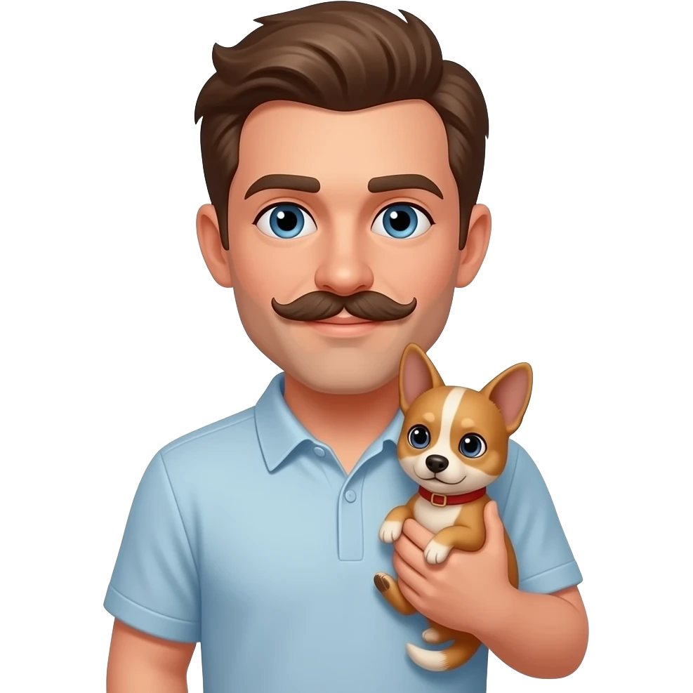 Man with dark blond hair, mustaches, Blue eyes, holding a petite female dog emoji