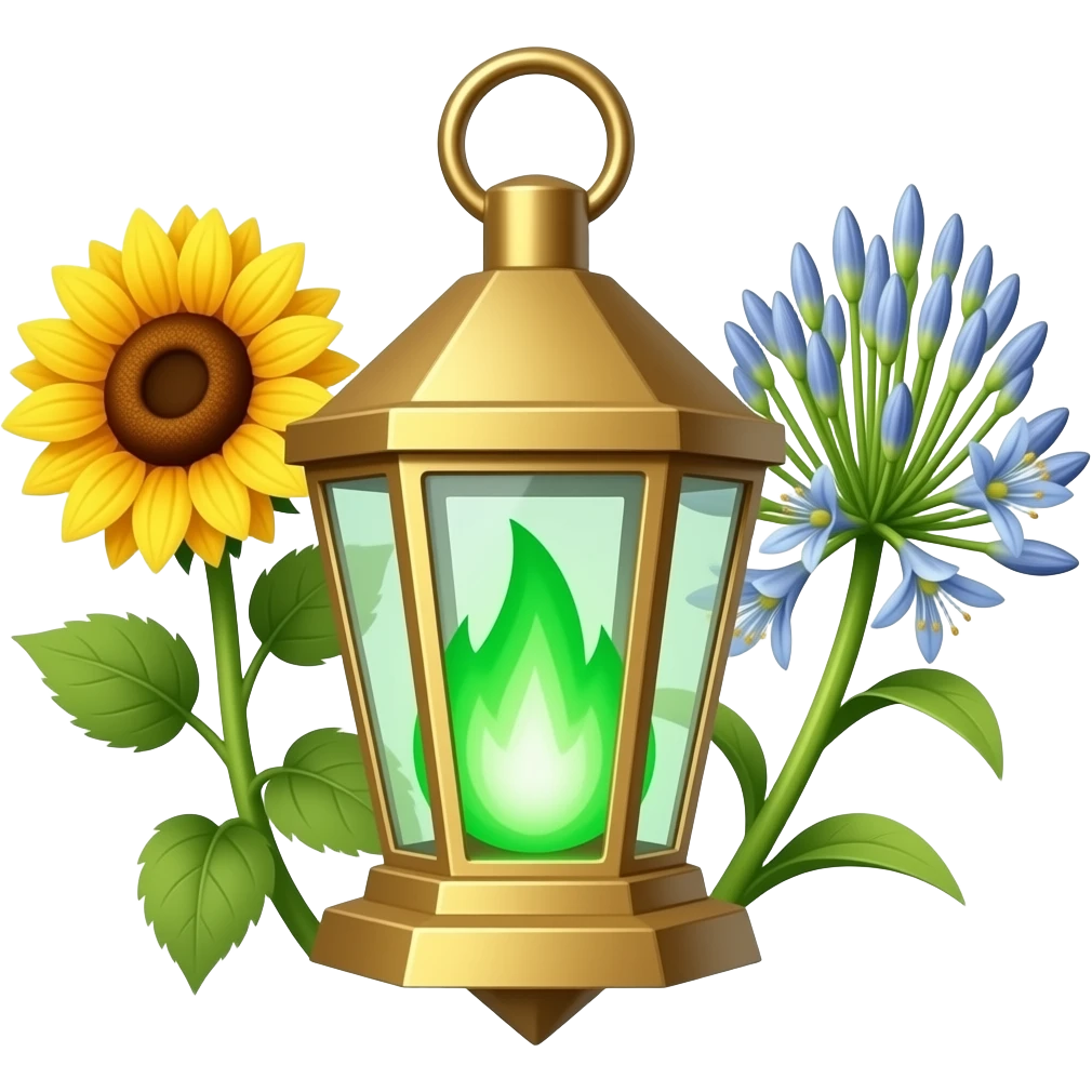 A golden hanging lantern with a bright emerald flames, an empty loop on top, sunflower & asphodel themed, but simple focus more on the green flames, paint the glass more green, have its bottom point come to some sort of point emoji