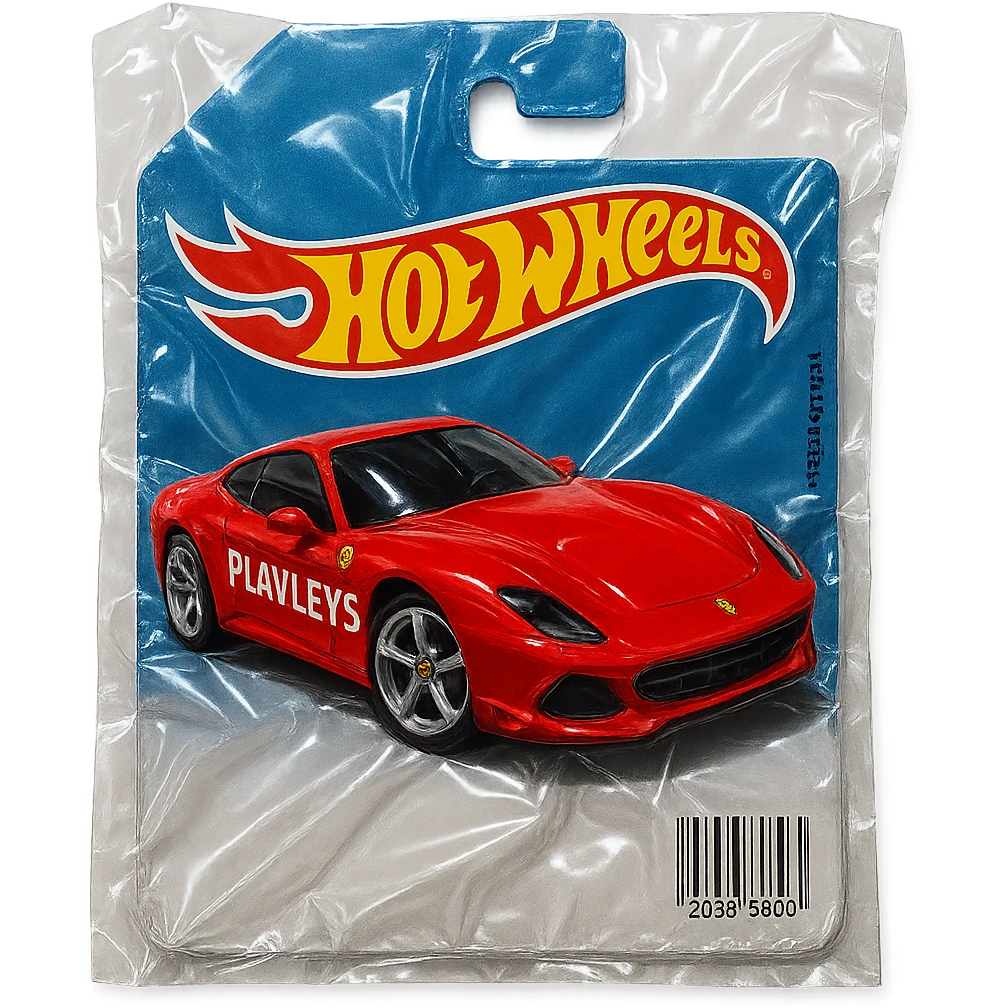 Hot Wheels packaging with a red Ferrari featuring bold racing-style 'PLAVLEYS' text on the car, shiny and inflated, vacuum-sealed style emoji