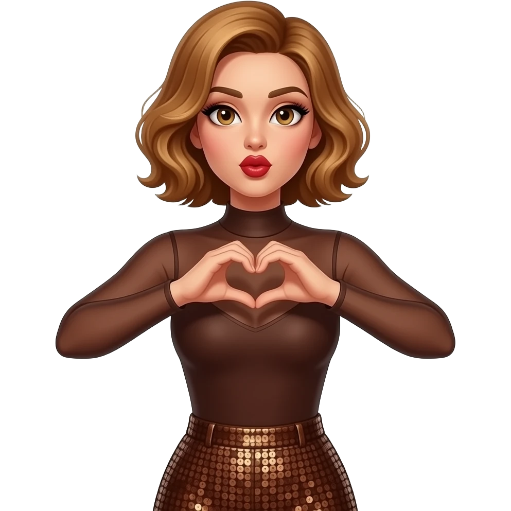 glamours,-tanned,-very-beautiful-woman-with-big-plump-red-lips,-long-lashes,-honey-silky-very short- hair,-wavy-hair,-hazel-eyes- wearing-Chocolate-brown-sheer-Long-sleeved-bodysuit-Brown-sequinned-pants-Her-eyes-sparkle-mouth-blowing-kiss-hands-up-making-a-heart-symbol-- emoji