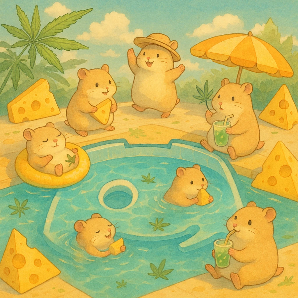 square Discord server icon, hamsters at a pool party with weed leaves, cheese, THC theme, no disco ball, Ghibli style, nostalgic, fun, inviting, summer party vibe, soft colors, dreamy atmosphere, clear composition emoji