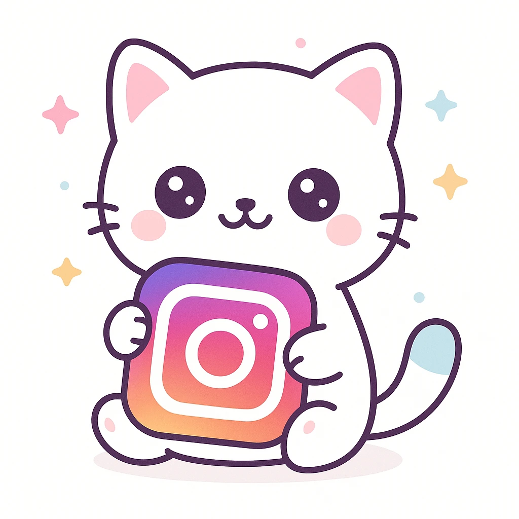 a simple and cute white cat holding the Instagram logo emoji