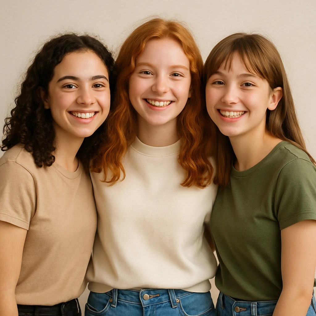 three girls standing together in a friendly group pose, left girl with light skin, curly brown hair, brown eyes; center girl with light skin, wavy orange hair, light brown eyes; right girl with light skin, light brown hair with bangs, brown eyes emoji