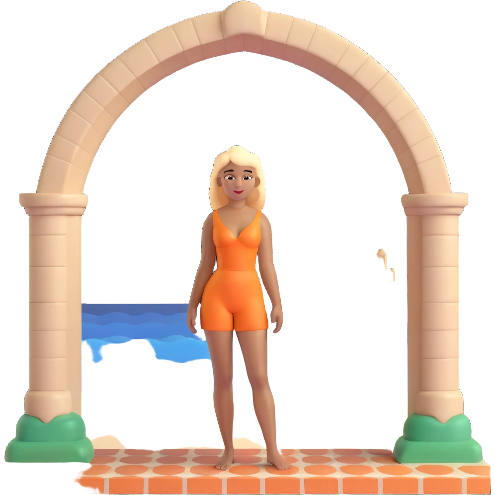 blonde woman with straight hair and light brown skin, with the three iconic Atalaia Beach arches in the background (Aracaju-SE, Brazil), middle arch taller with round tops, made of tiles emoji