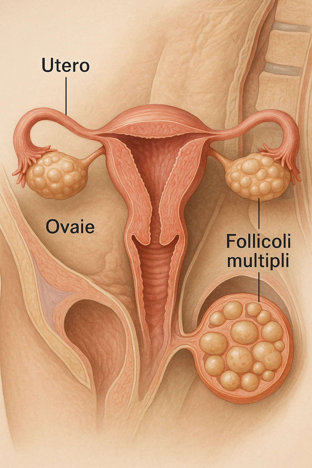 realistic 3D medical image of PCOS in anatomical section, ovaries with many follicles, uterus and ovaries highlighted, clinical details, natural colors, Italian captions, aspect ratio 2:3 emoji