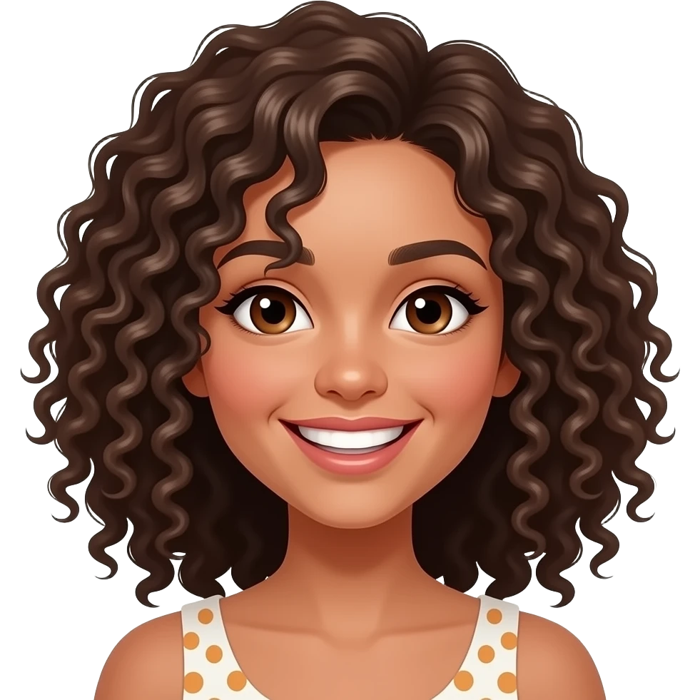 Sie hat Schulter lange Haare. Ihre starken locken fangen eher unten an also sie hat diese Brasilien locks. Wirklich vile kleine löckchen Braune Augen. Jungliches Gesicht und immer am lachen. Ihre locken fangen eher unten an sie hat oben keinen Volumen emoji