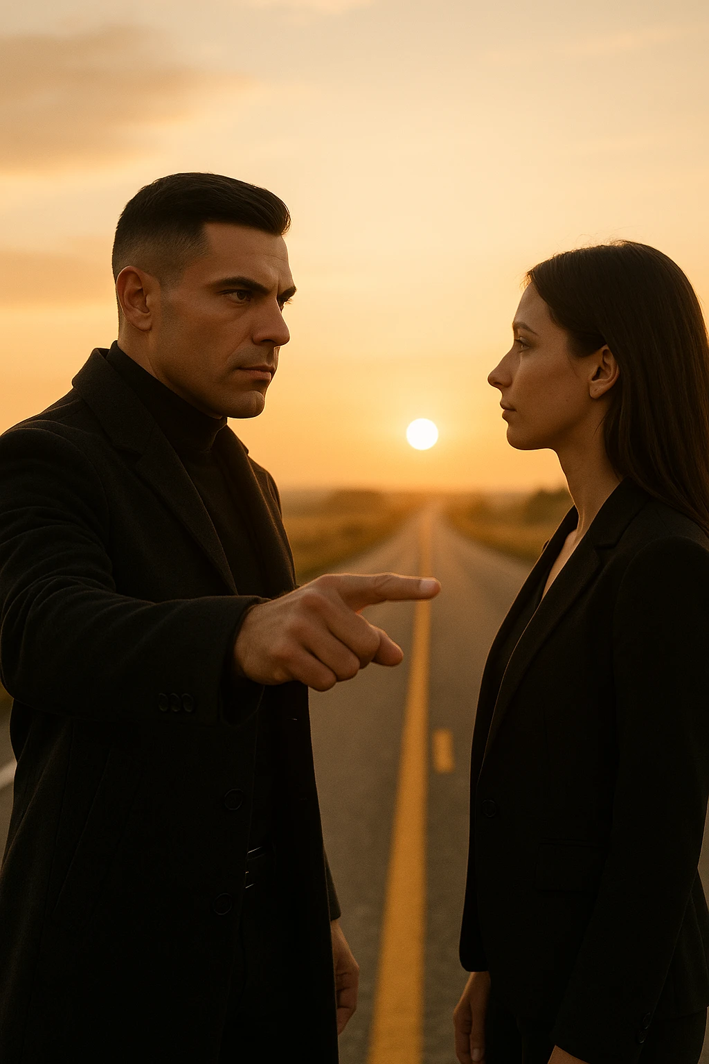 Cinematic photo of a confident man giving clear direction to a woman, standing in front of her with a firm but calm expression, pointing forward as if showing her the path to follow. The man is dressed in a dark jacket, embodying the role of a commander, while the woman looks at him attentively, ready to follow. The setting is an open road at sunrise with soft golden light, symbolizing new beginnings and leadership. Shot from a side angle, capturing both profiles with a clear view of his guiding gesture. emoji