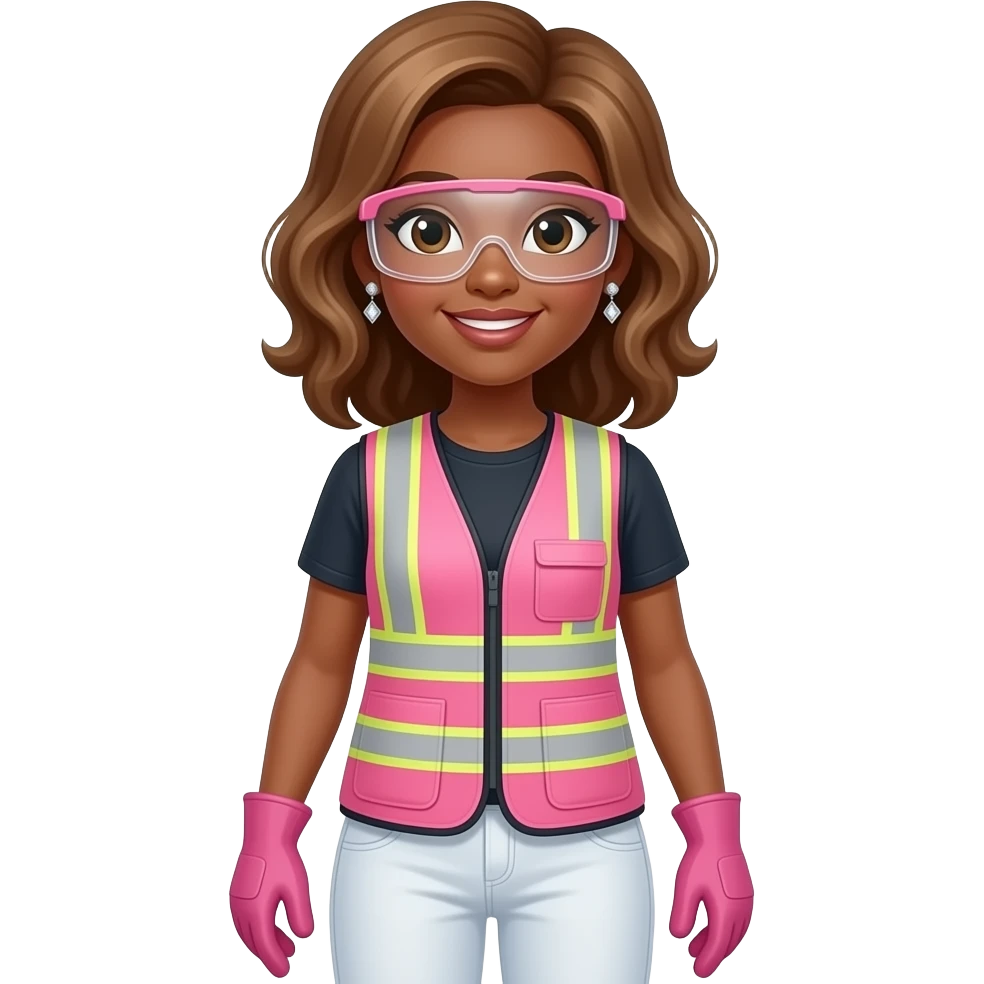 African American woman with brown eyes with shoulder length wavy light brown hair wearing diamond earrings wearing pink and clear safety glasses wearing a pink construction vest wearing white pans wearing pink construction vest wearing white pants wearing pink construction gloves emoji
