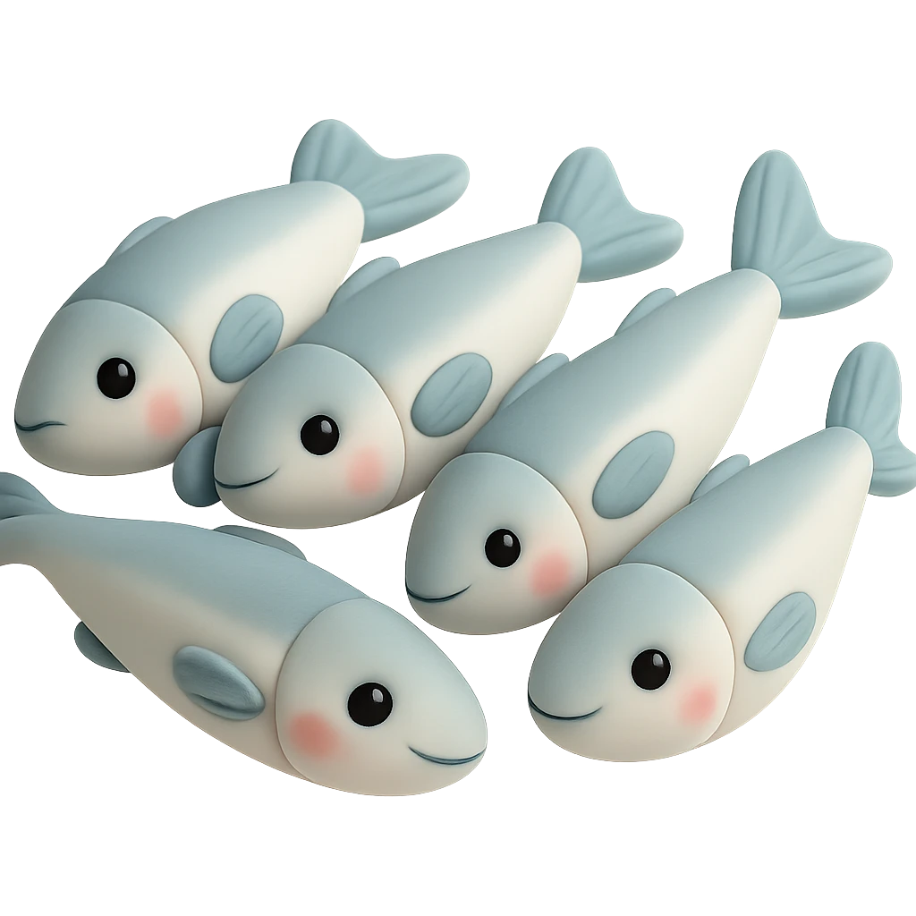 Edit the image to show a group of anchovies with cute faces in fondant cake art style, pastel palette, no background, and no text. emoji