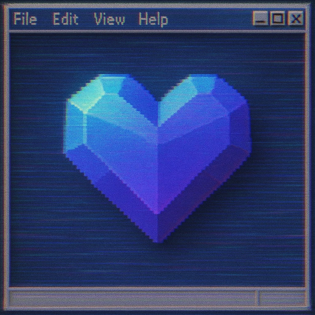 Low-poly 3D heart icon with a cute but vintage feel, slightly pixelated edges, CRT glow effect, blue-to-purple gradient with subtle scanline texture, VHS distortion, color bleed, slight blur, retro desktop-style background emoji