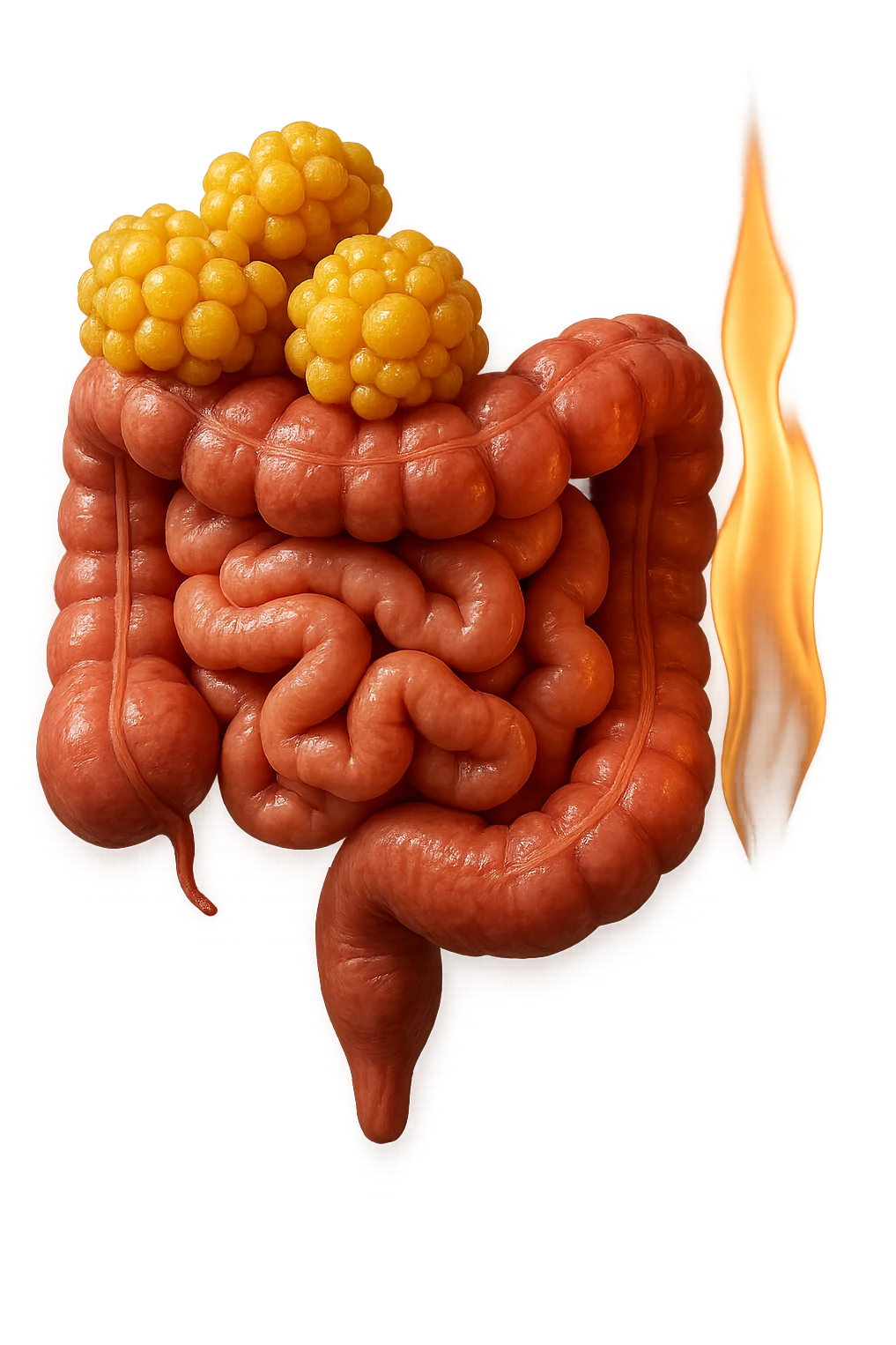 intestino umano con cellule gialle di grasso a grappoli attaccate sopra, con fiamma che brucia, iperrealistici 4k, non disegnati emoji