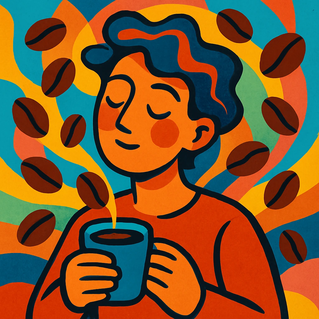 a person with coffee beans swirling around, dreamy expression, artistic style emoji