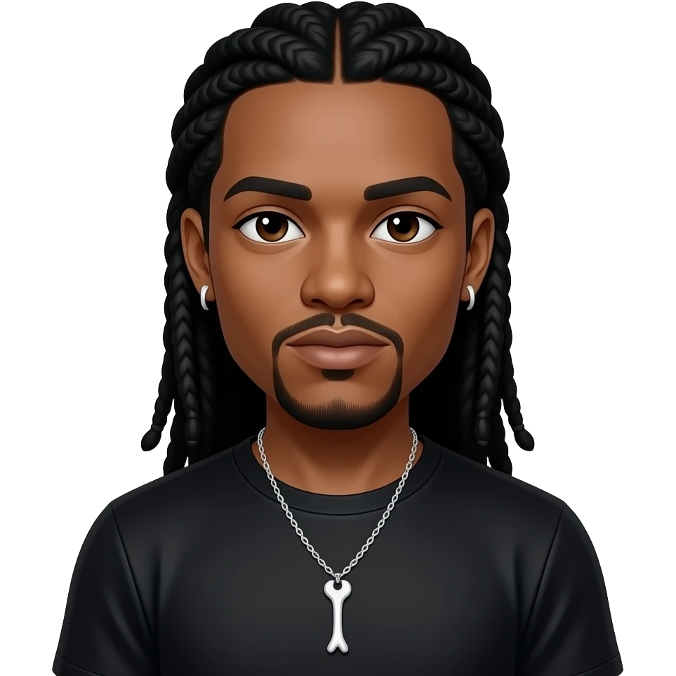 Wish Bone from Bone Thugs-n-Harmony with dark brown eyes, long black straight hair, black metallic t-shirt, necklace and earrings emoji