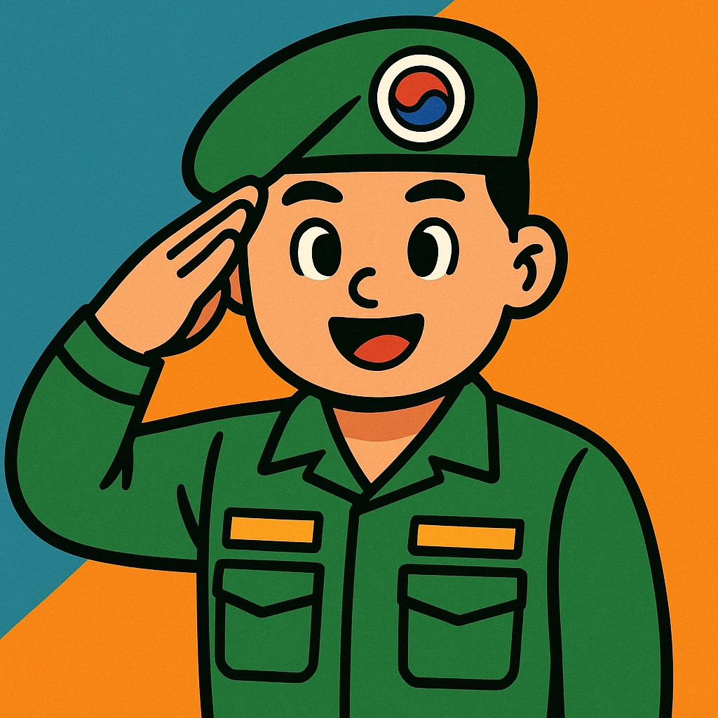 cartoon Korean soldier in green uniform and beret, saluting, vibrant toon style emoji
