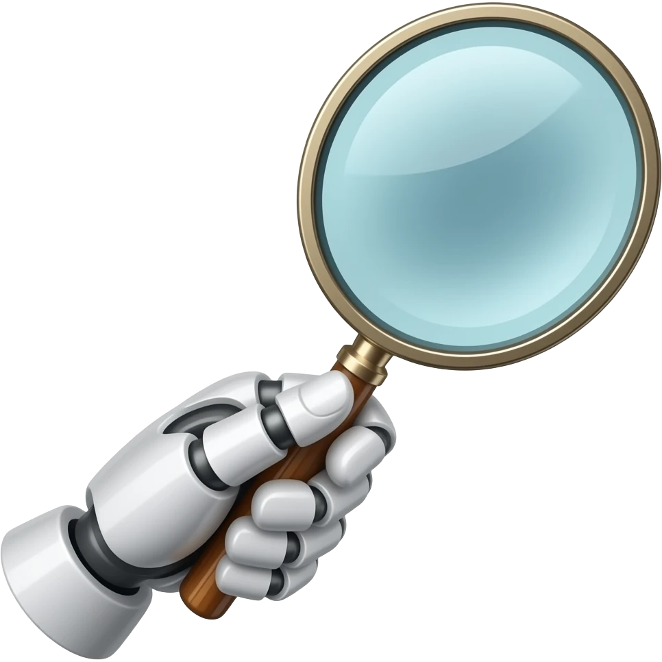white robot hand holding magniying glass front view emoji