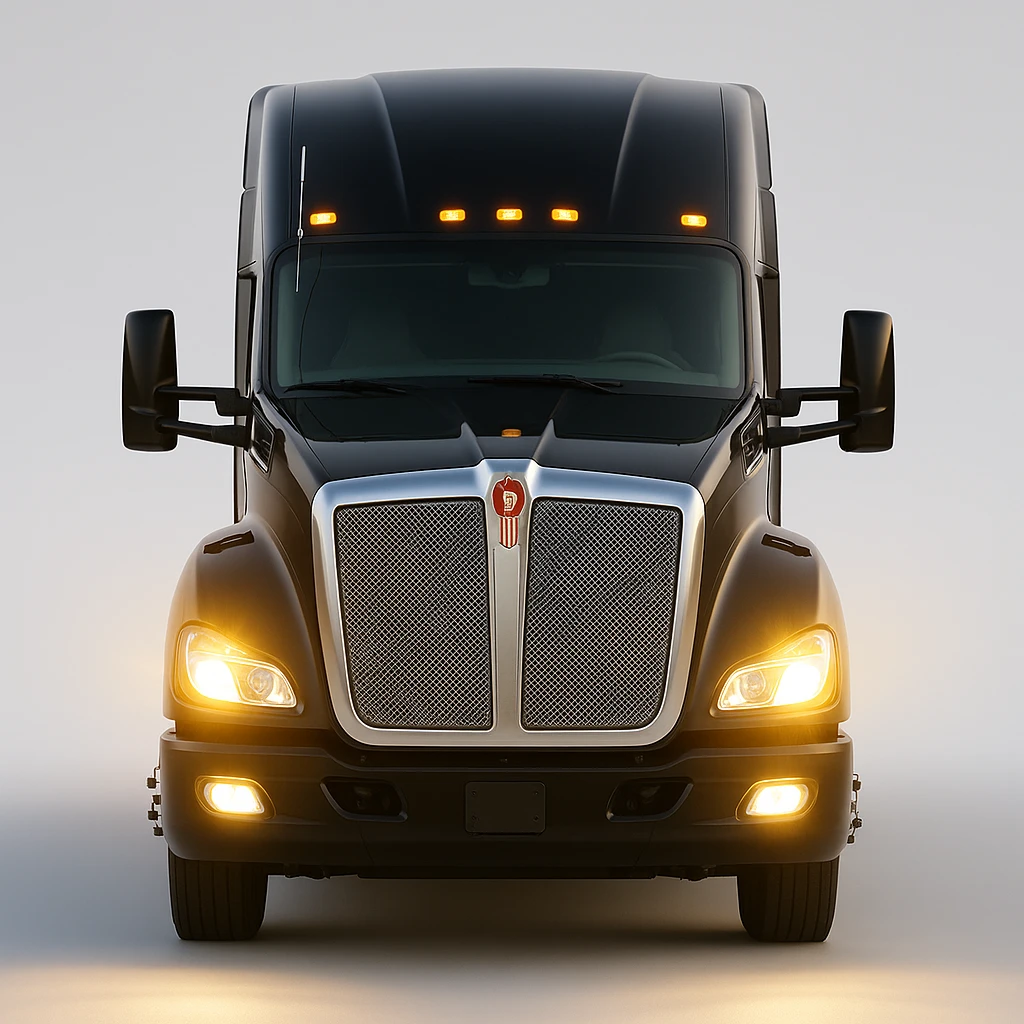 Realistic style close-up front view of a 2025 Kenworth T680 truck in black color with headlights on, detailed and lifelike. emoji