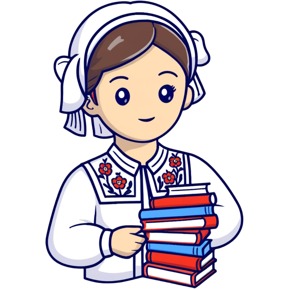 Young Ukrainian librarian wearing a traditional white embroidered vyshyvanka shirt with books emoji