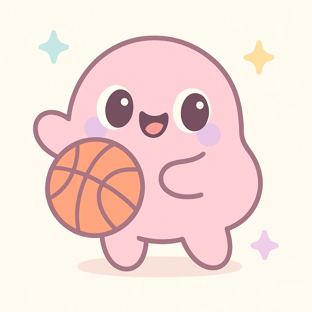silly pink character holding a basketball, cute and playful expression, kawaii style emoji